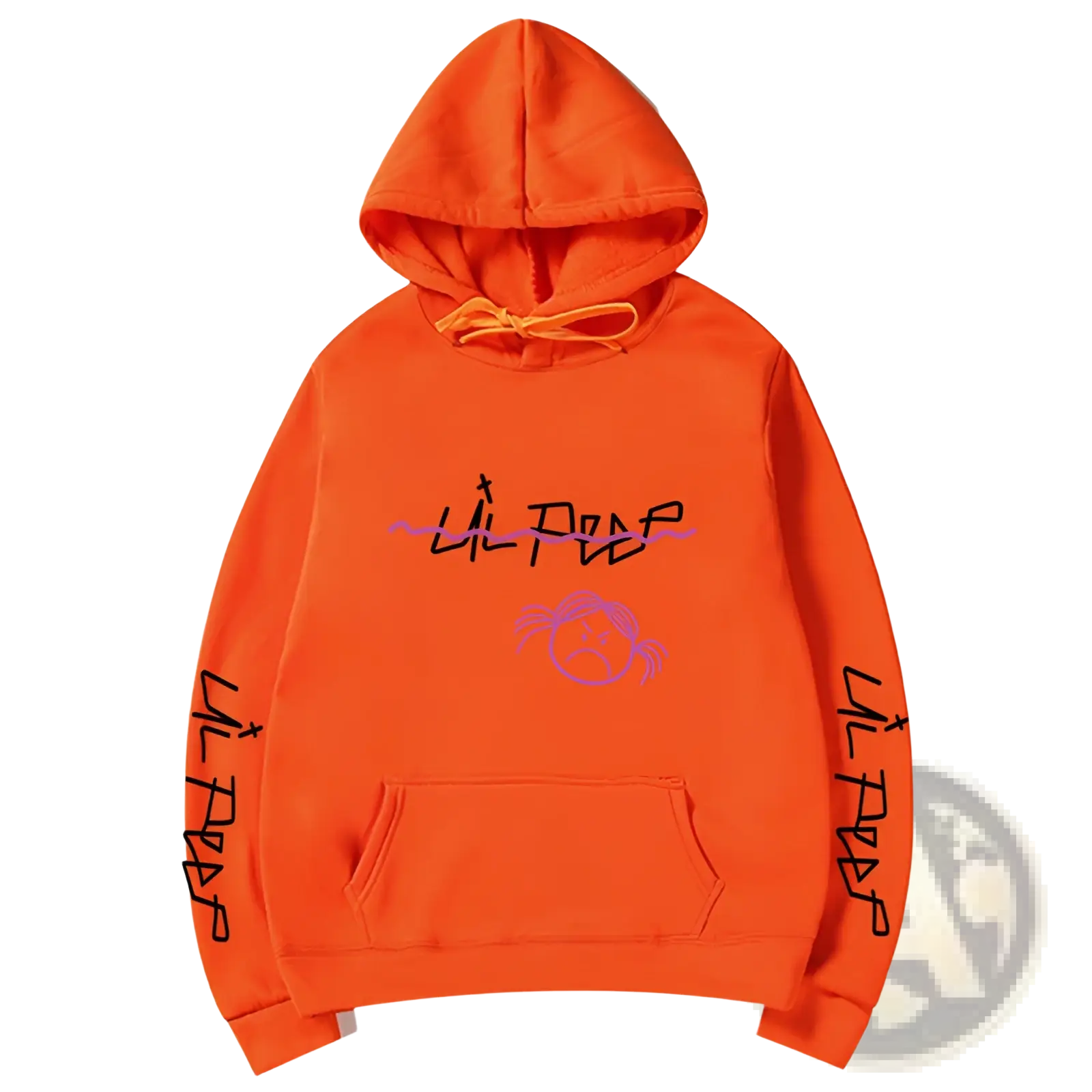 Bright orange lil peep graphic print pullover hoodie featuring pink sad face and matching drawstrings