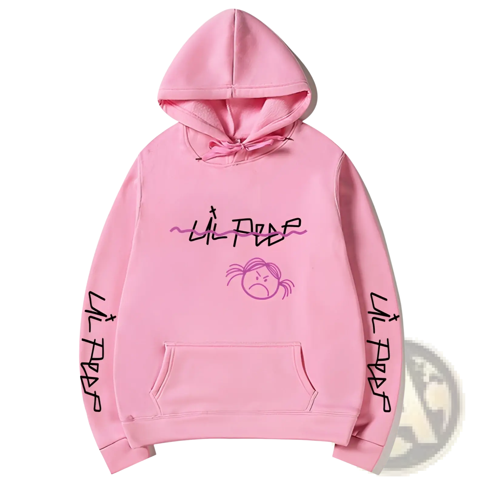 Pink lil peep pullover hooded sweatshirt featuring a cartoon face graphic and soft comfortable fabric