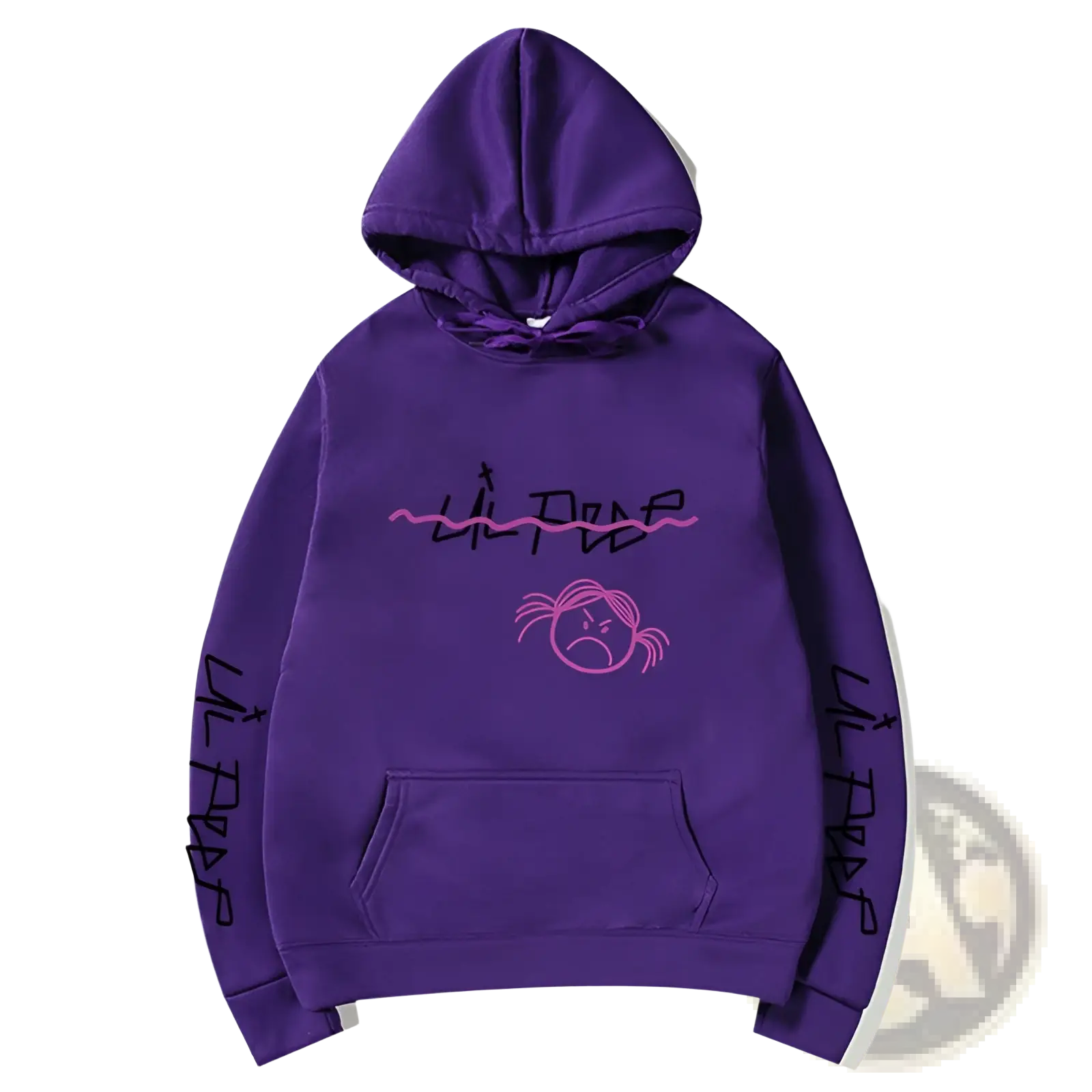 Purple lil peep graphic print pullover hooded sweatshirt with pink and black graffiti lettering and matching cartoon face