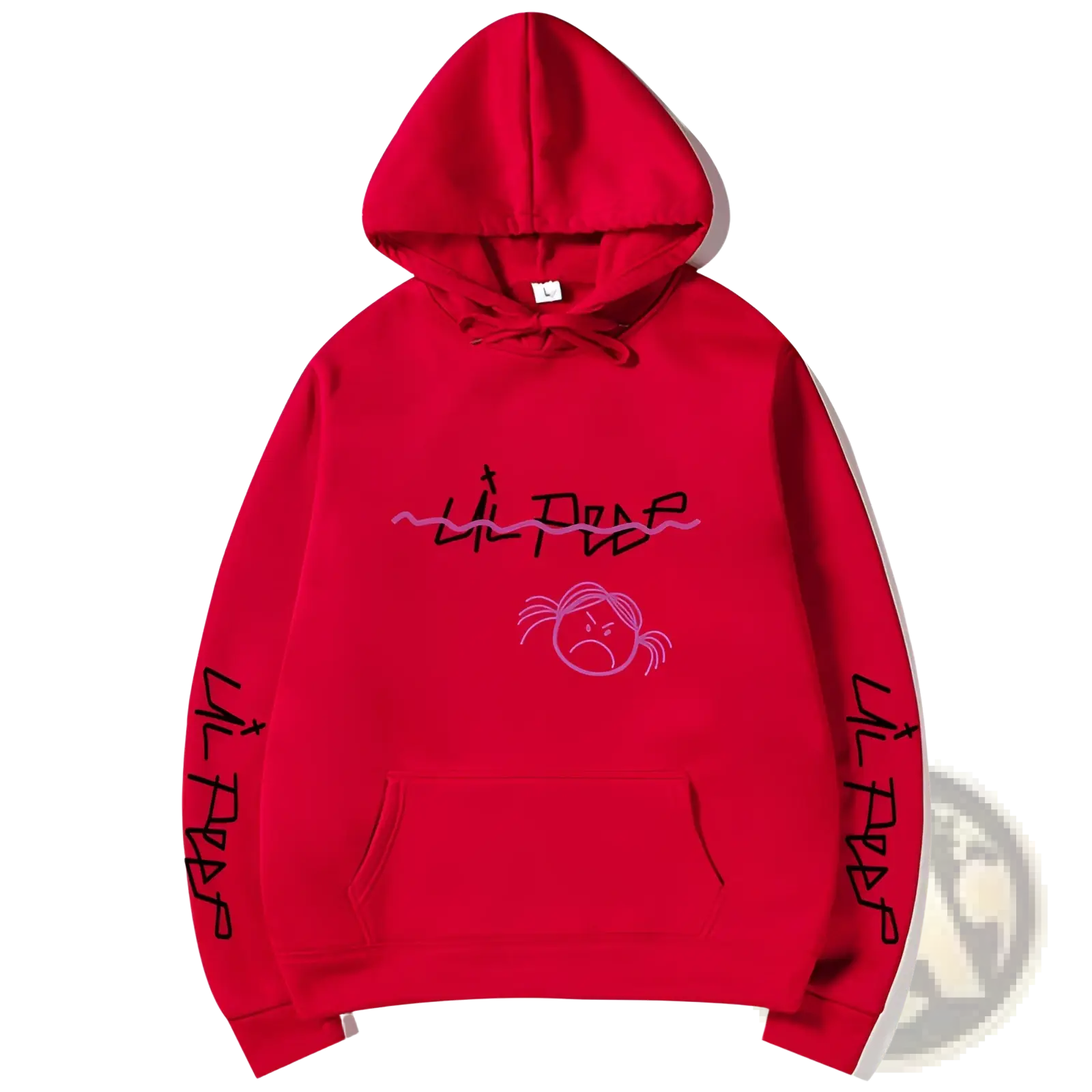 A vibrant red lil peep graphic print pullover hooded sweatshirt with pink embroidery and black handwritten text on sleeves