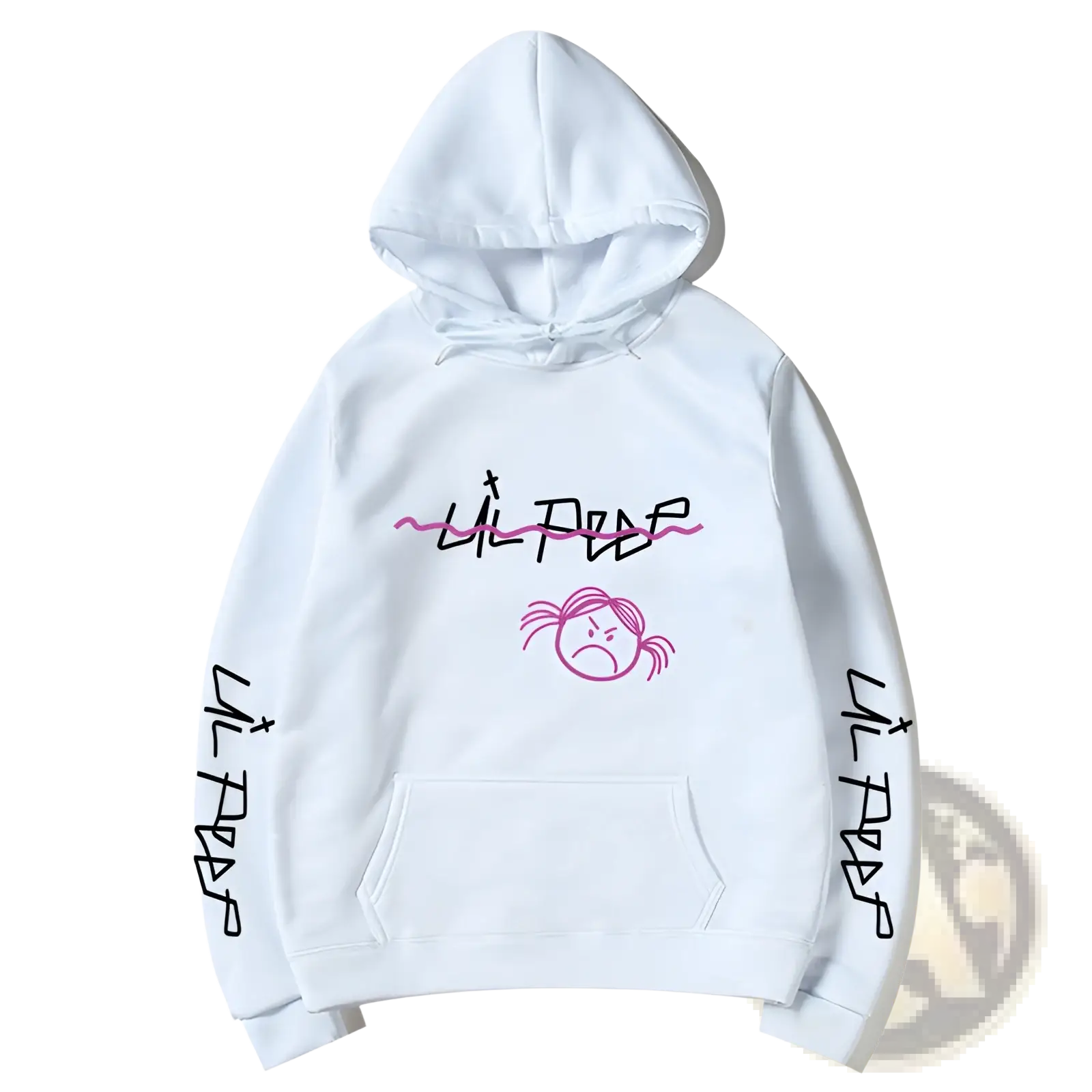 White lil peep graphic print pullover hoodie with pink and black graffiti text and matching cartoon face on chest and sleeves