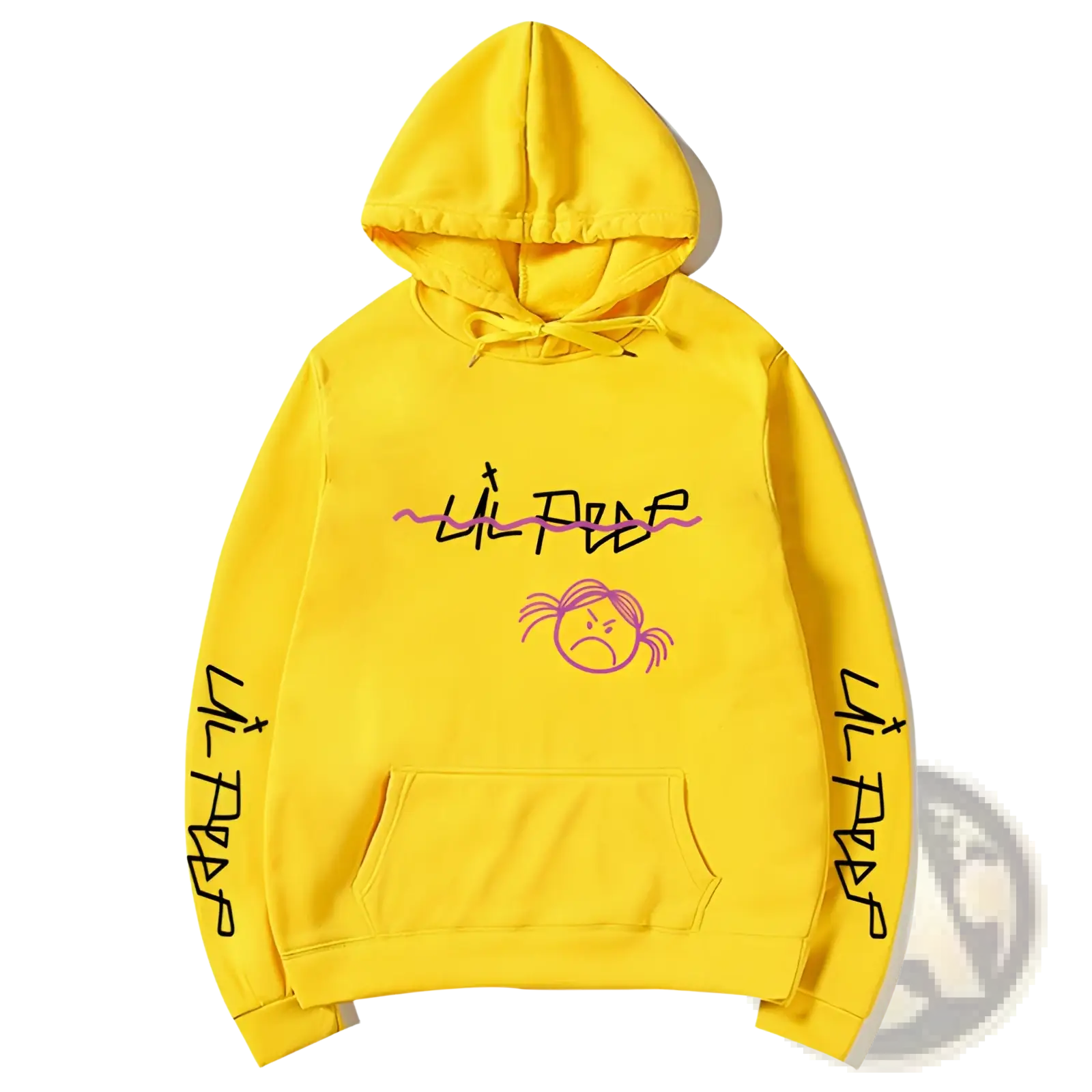 Bright yellow lil peep graphic print pullover hooded sweatshirt with black and pink branding and cartoon face design