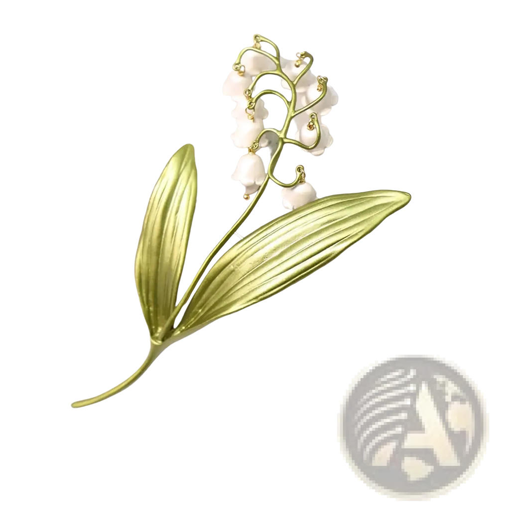 A delicate gold-toned lily of the valley pearl brooch pin with detailed leaves and small white blossoms