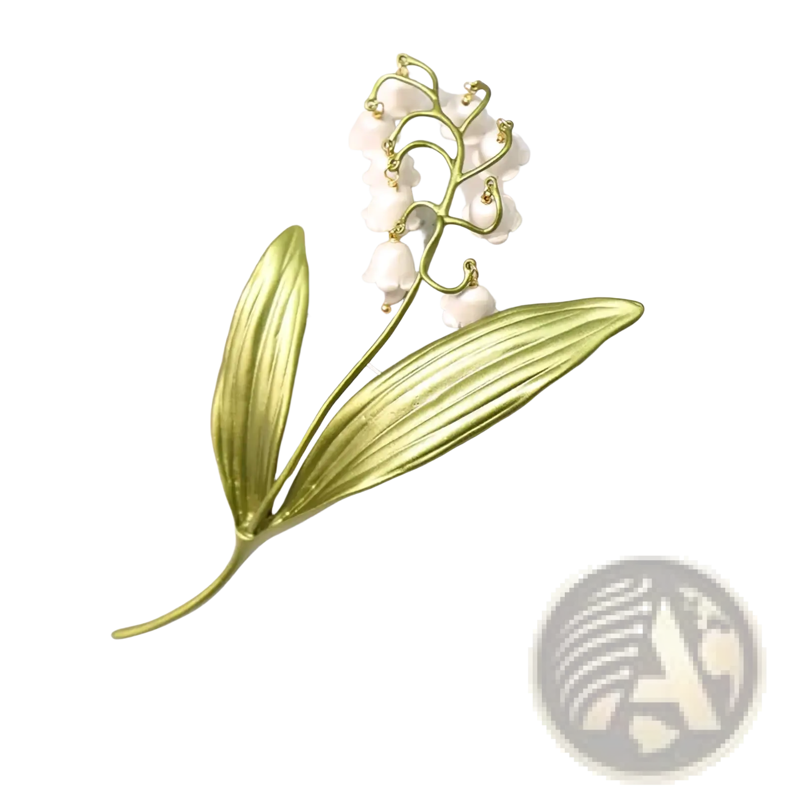 A delicate gold-toned lily of the valley pearl brooch pin with detailed leaves and small white blossoms