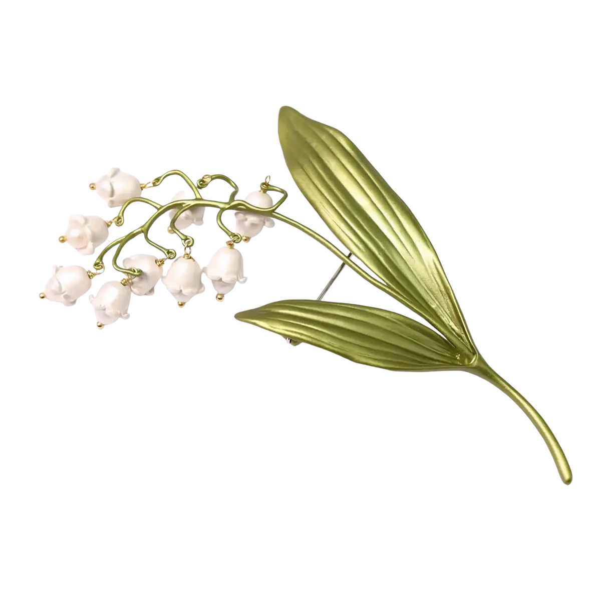 Delicate gold-toned lily of the valley pearl brooch pin with white flowers and detailed green leaves
