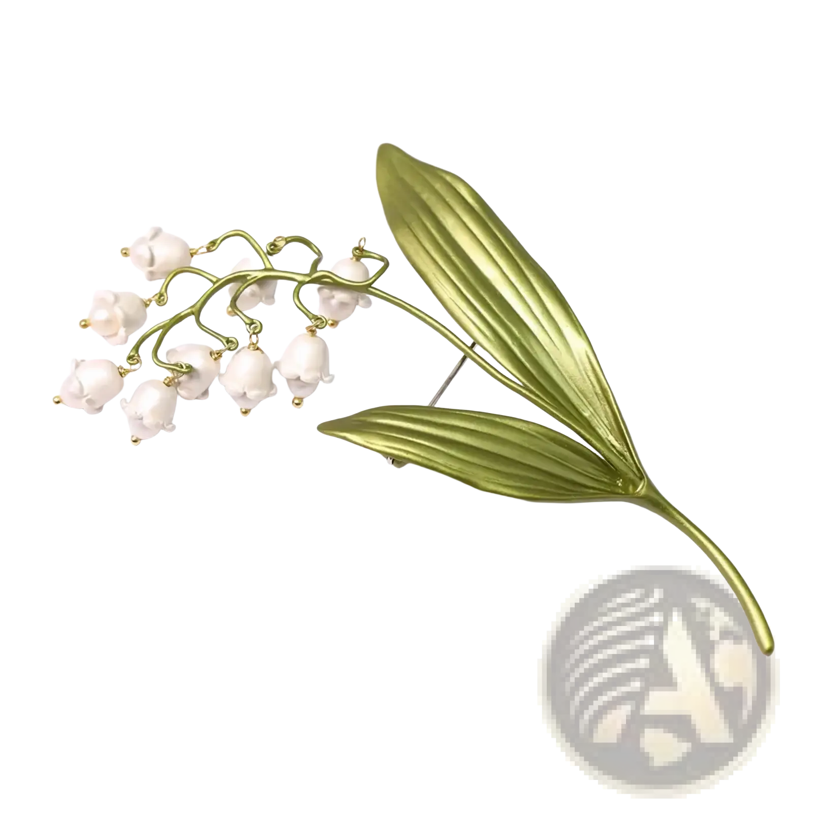 Delicate gold-toned lily of the valley pearl brooch pin with white flowers and detailed green leaves
