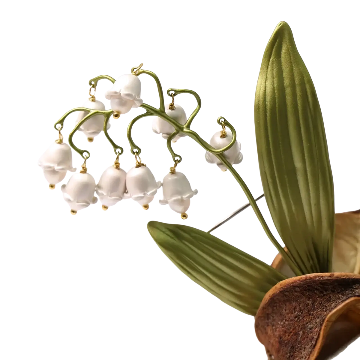 Delicate white lily of the valley pearl brooch pin with gold-toned metal stems and leaves for elegant accessorizing