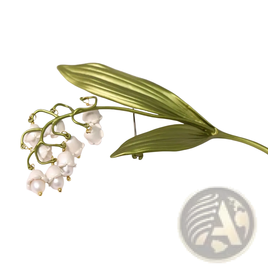 Elegant gold-toned lily of the valley pearl brooch pin with delicate white pearl blossoms and textured green leaves