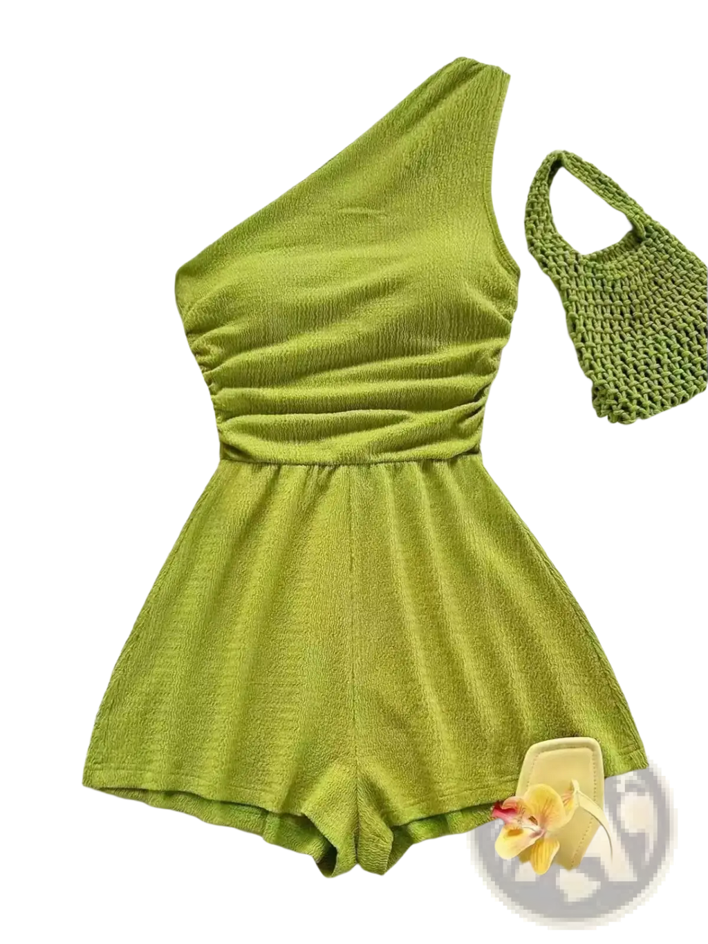A vibrant lime green one shoulder romper with textured knit fabric and ruched waistband perfect for stylish wear
