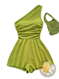 A vibrant lime green one shoulder romper with textured knit fabric and ruched waistband perfect for stylish wear