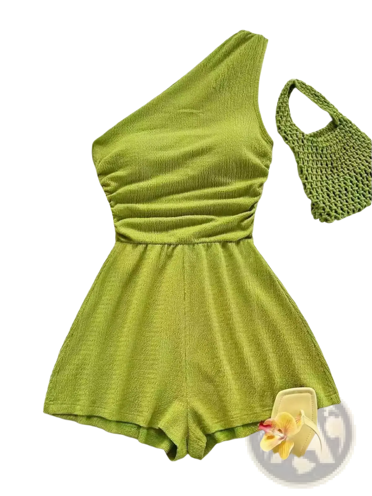 A vibrant lime green one shoulder romper with textured knit fabric and ruched waistband perfect for stylish wear