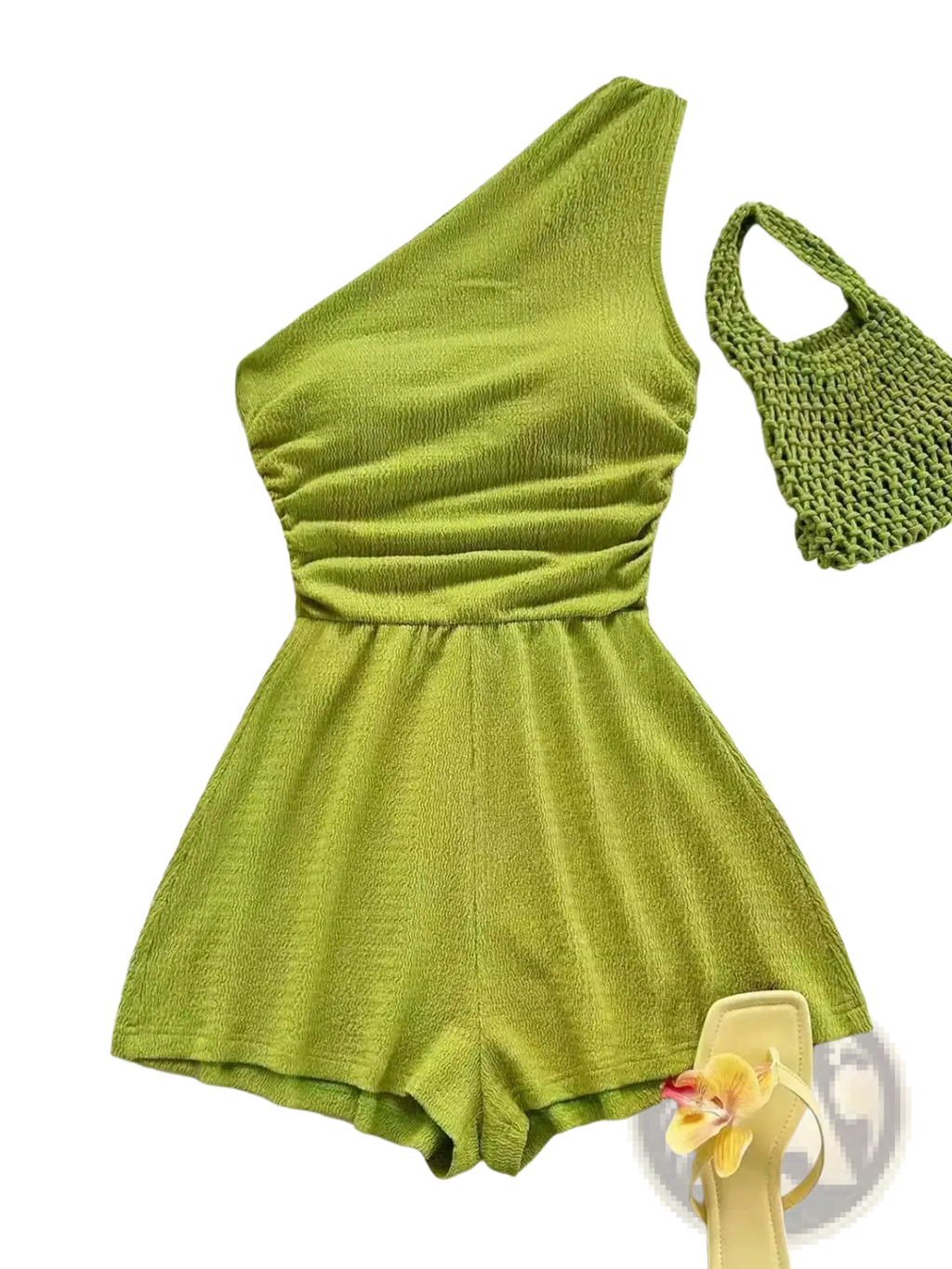 Lime green one shoulder romper with ruched waistline made of textured ribbed knit fabric