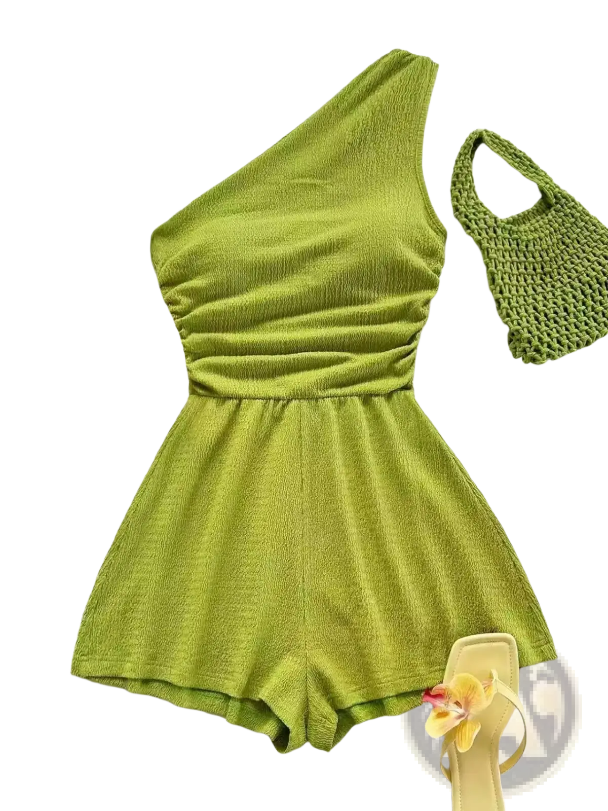 Lime green one shoulder romper with ruched waistline made of textured ribbed knit fabric