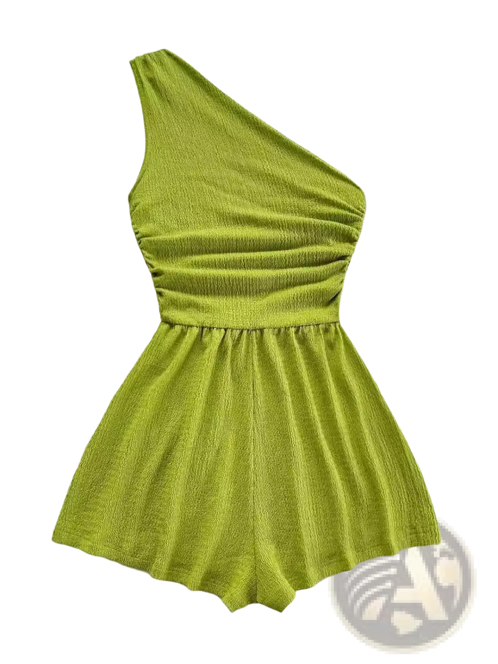 A vibrant lime green one shoulder romper with textured ribbed fabric and a ruched waistband