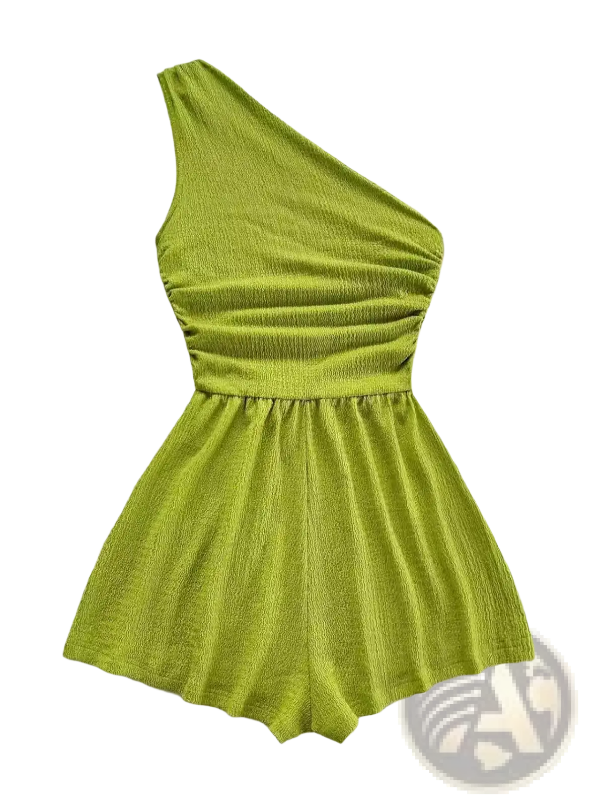 A vibrant lime green one shoulder romper with textured ribbed fabric and a ruched waistband