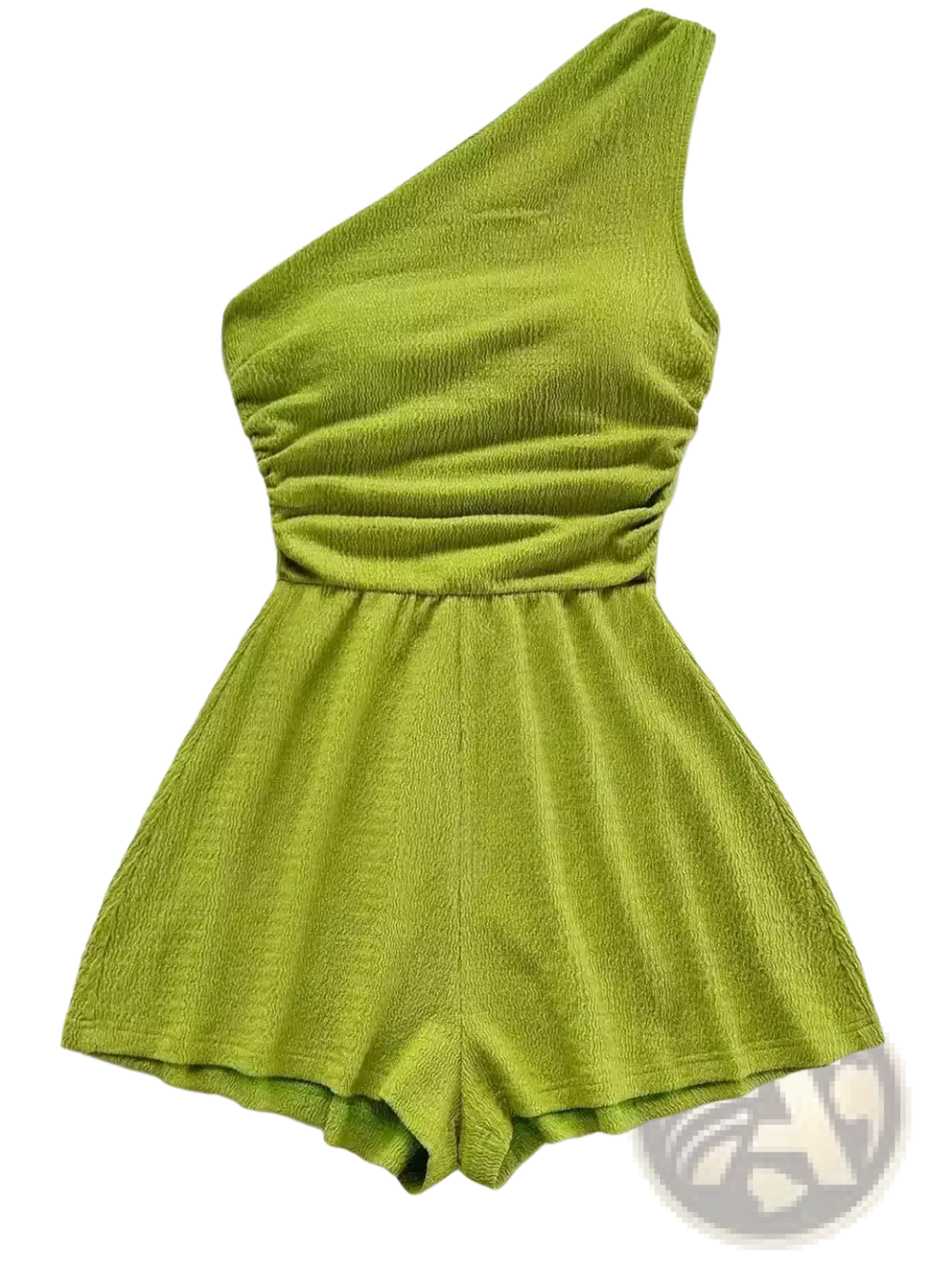 A vibrant lime green one shoulder romper with textured ribbed fabric and a ruched waistband for stylish wear