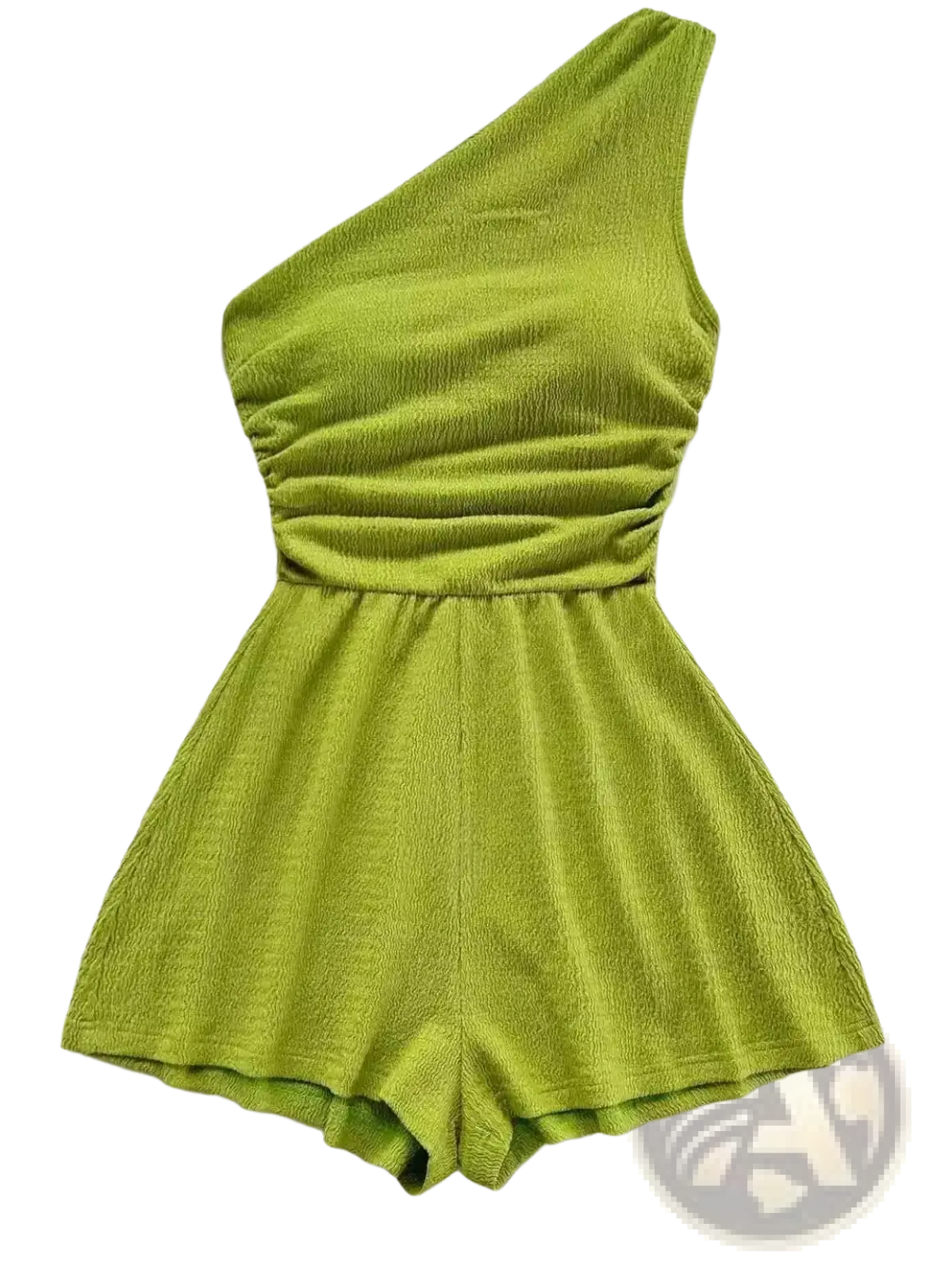 A vibrant lime green one shoulder romper with textured ribbed fabric and a ruched waistband for stylish wear