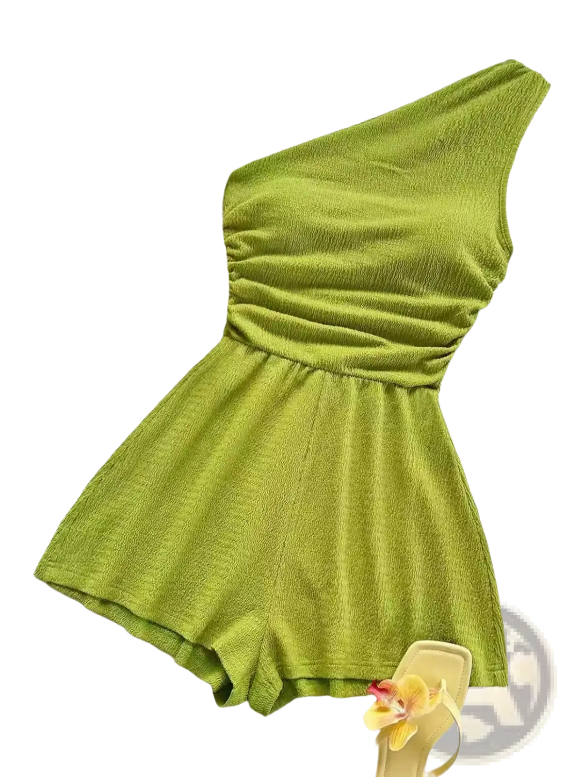 A vibrant lime green one-shoulder romper with textured ribbed fabric and a ruched waistband