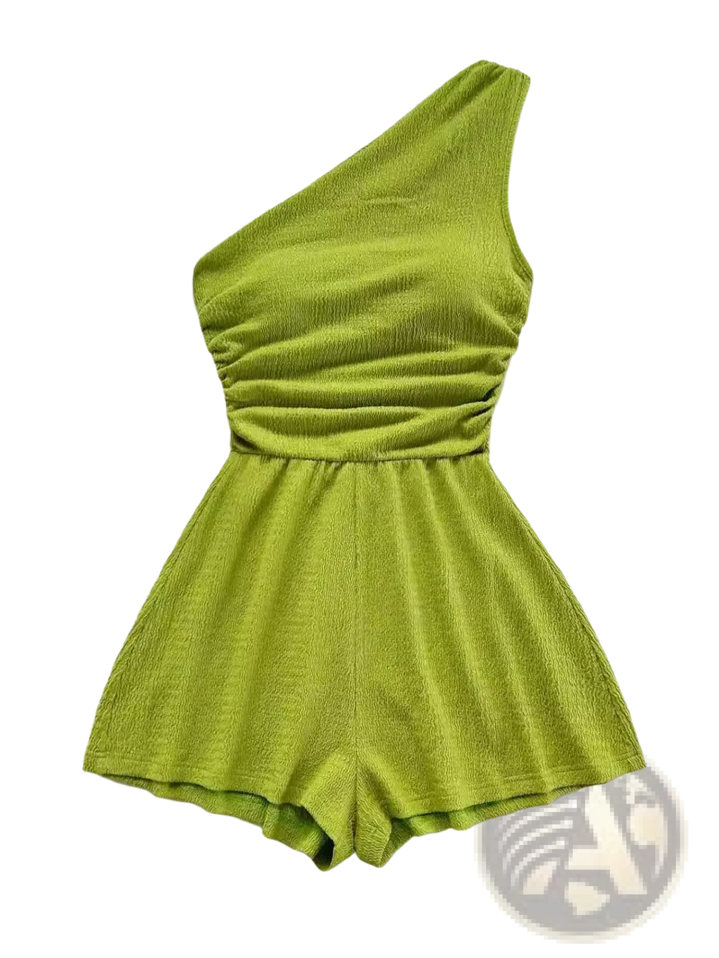 A vibrant lime green one shoulder romper featuring textured ribbed fabric and a ruched waistband