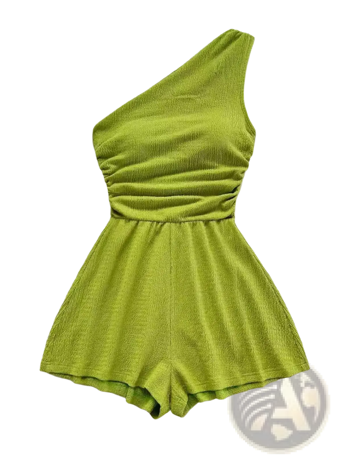 A vibrant lime green one shoulder romper featuring textured ribbed fabric and a ruched waistband