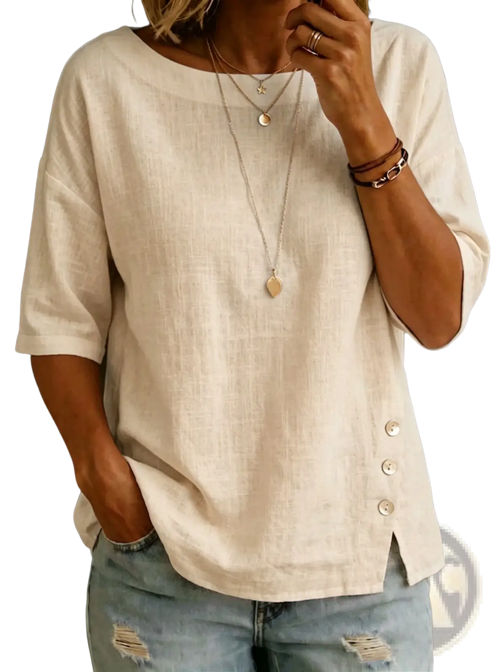 A soft off-white linen asymmetrical button casual top with relaxed fit and three-quarter sleeves