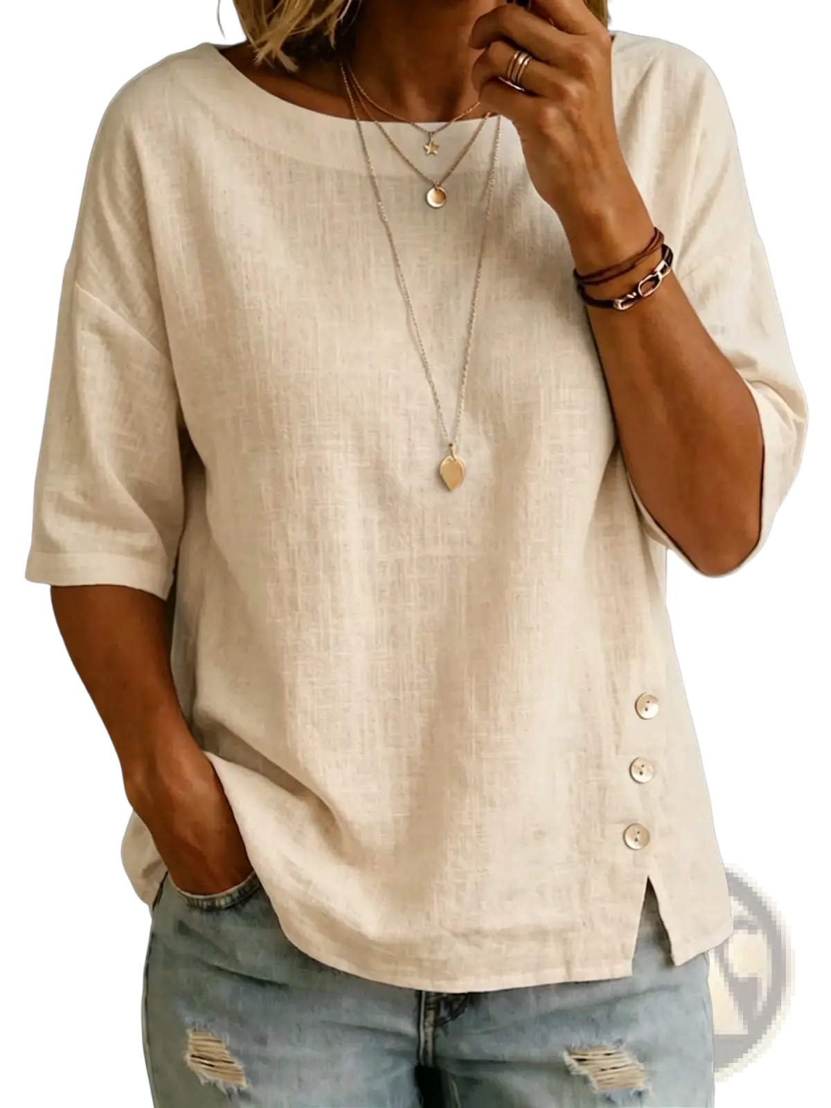 A soft off-white linen asymmetrical button casual top with relaxed fit and three-quarter sleeves