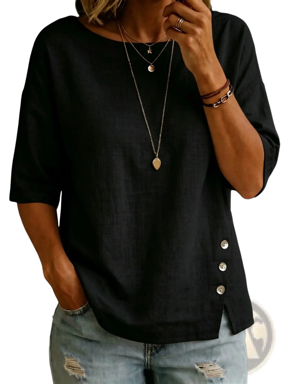 Black linen asymmetrical button casual top with three-quarter sleeves and silver buttons down the side