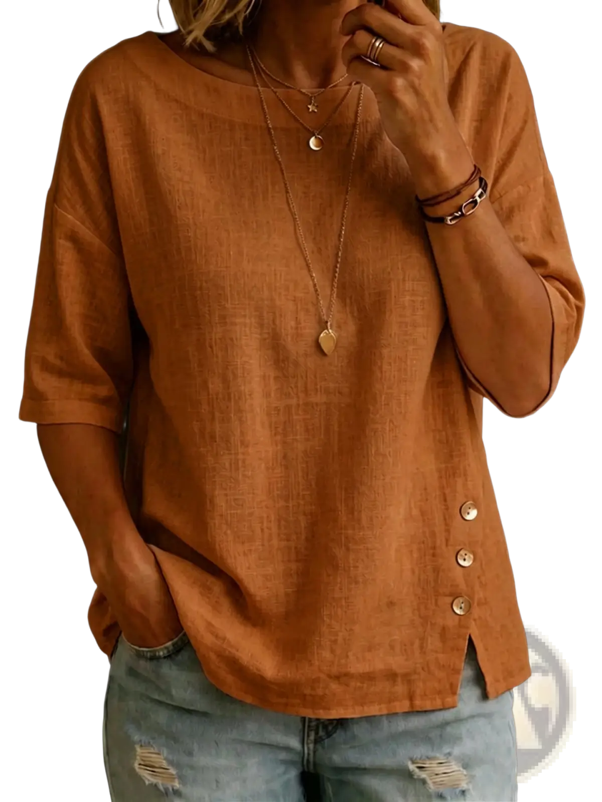 A soft rust-colored linen asymmetrical button casual top with relaxed fit and three-quarter sleeves