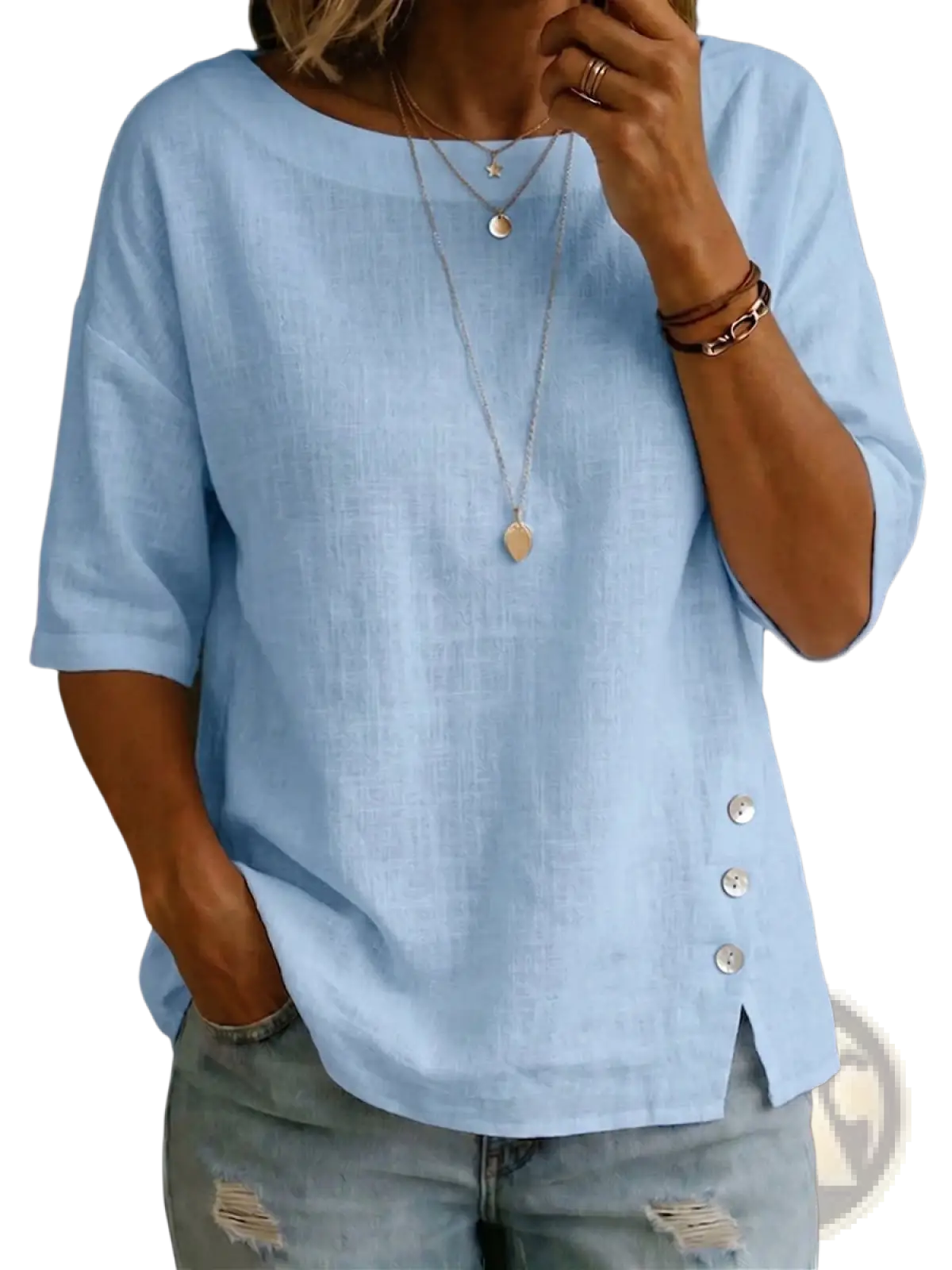 Light blue linen asymmetrical button casual top with three-quarter sleeves and side seam button details