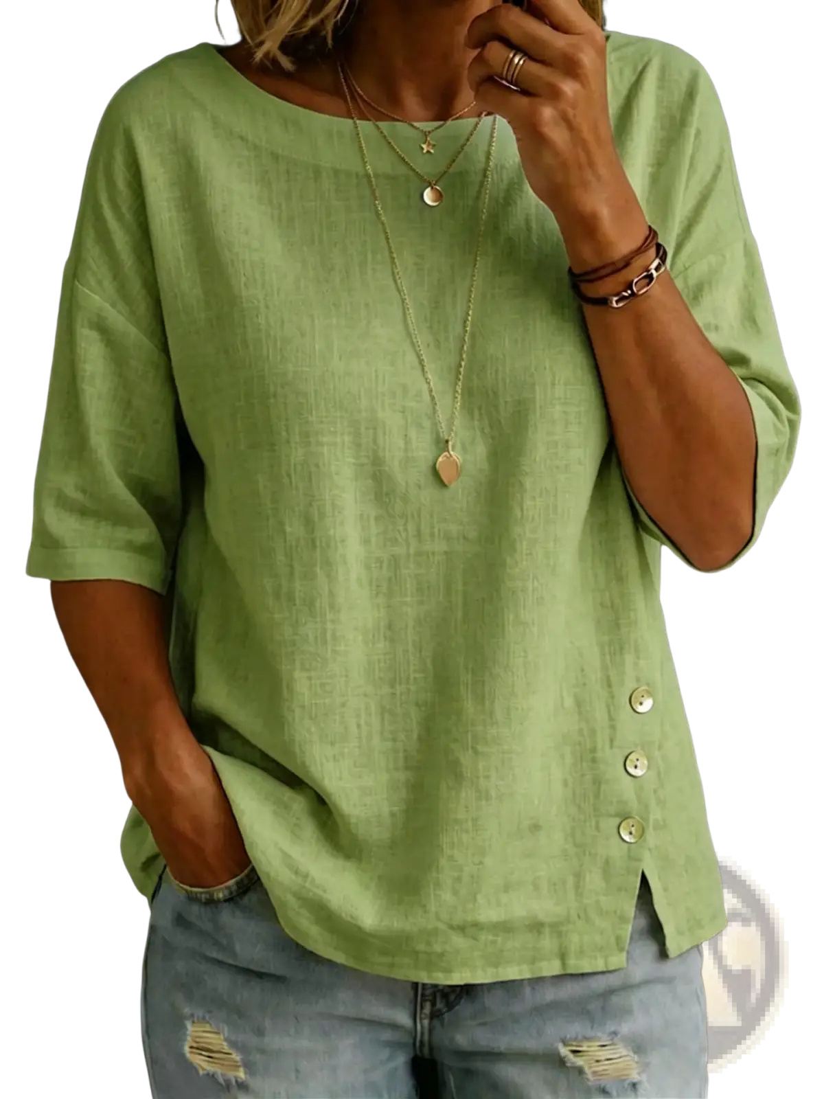 Light green loose-fitting linen asymmetrical button casual top with three-quarter sleeves and side seam buttons