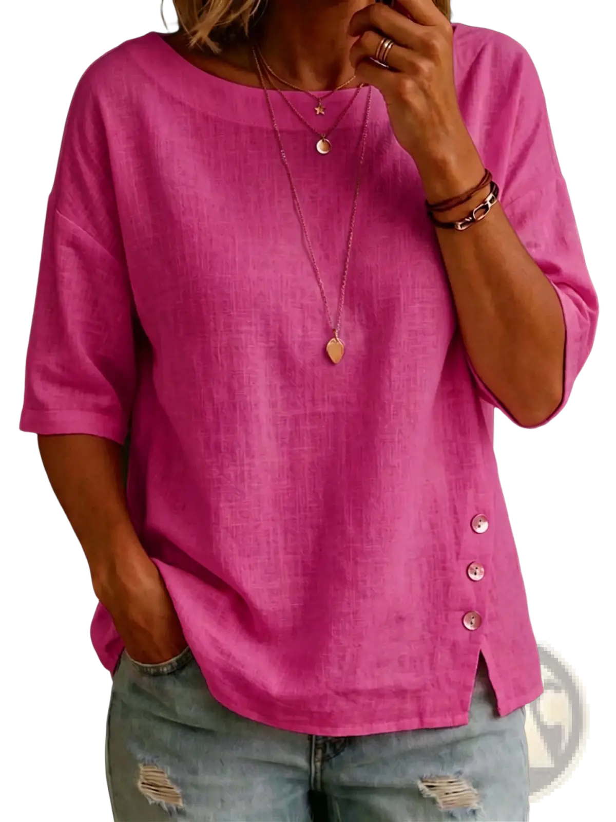 A vibrant pink linen asymmetrical button casual top with loose fit and three-quarter sleeves for everyday wear