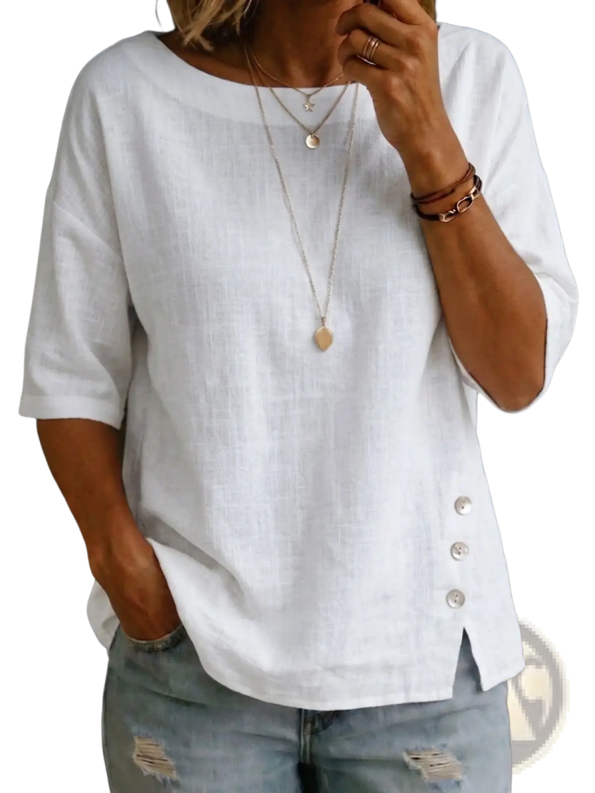 White linen asymmetrical button casual top with three-quarter sleeves and side button details for elegant wear