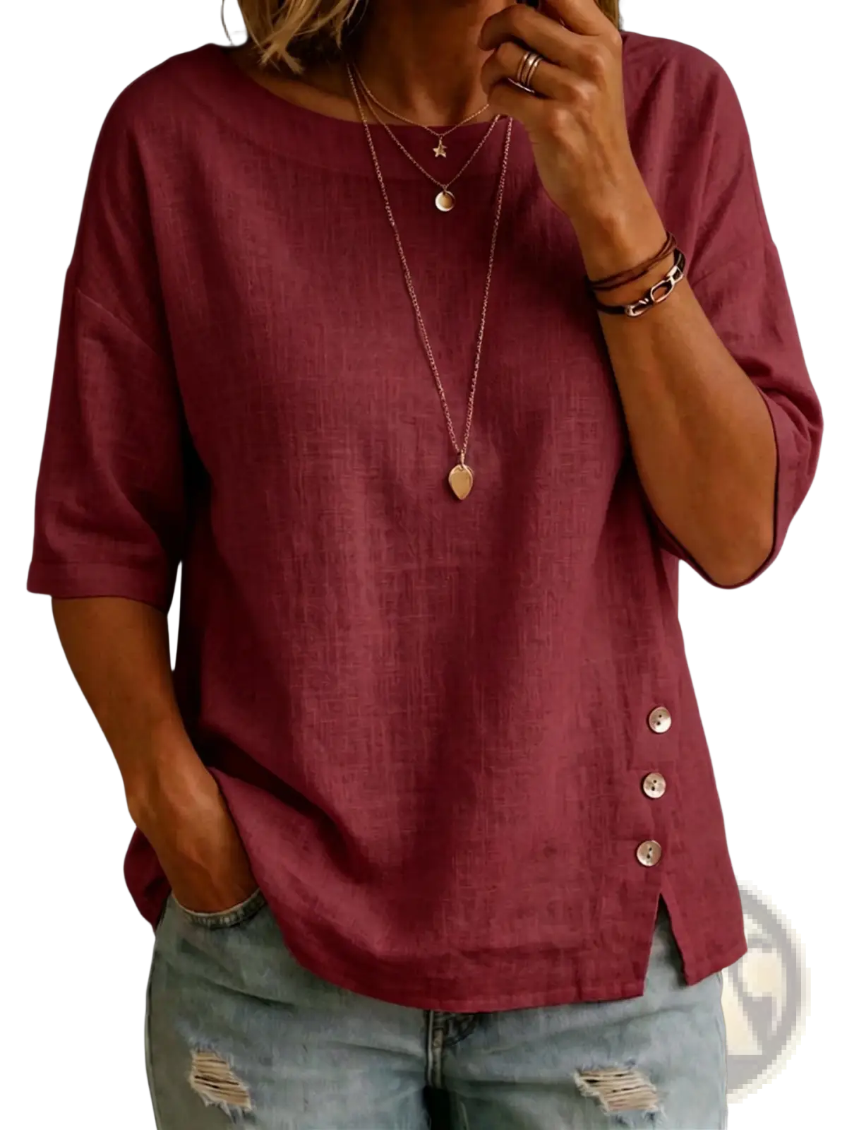 A soft maroon linen asymmetrical button casual top with three-quarter sleeves and silver side buttons