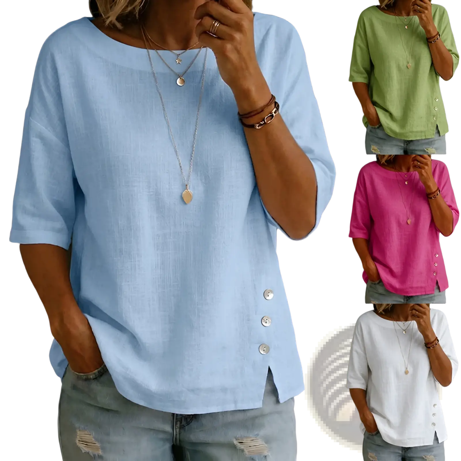 Light blue linen asymmetrical button casual top with three-quarter sleeves and side button details