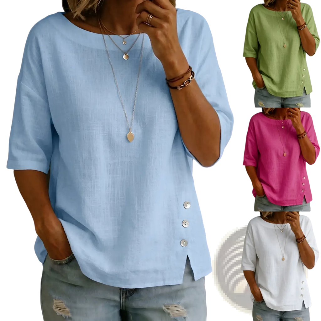Light blue linen asymmetrical button casual top with three-quarter sleeves and side button details