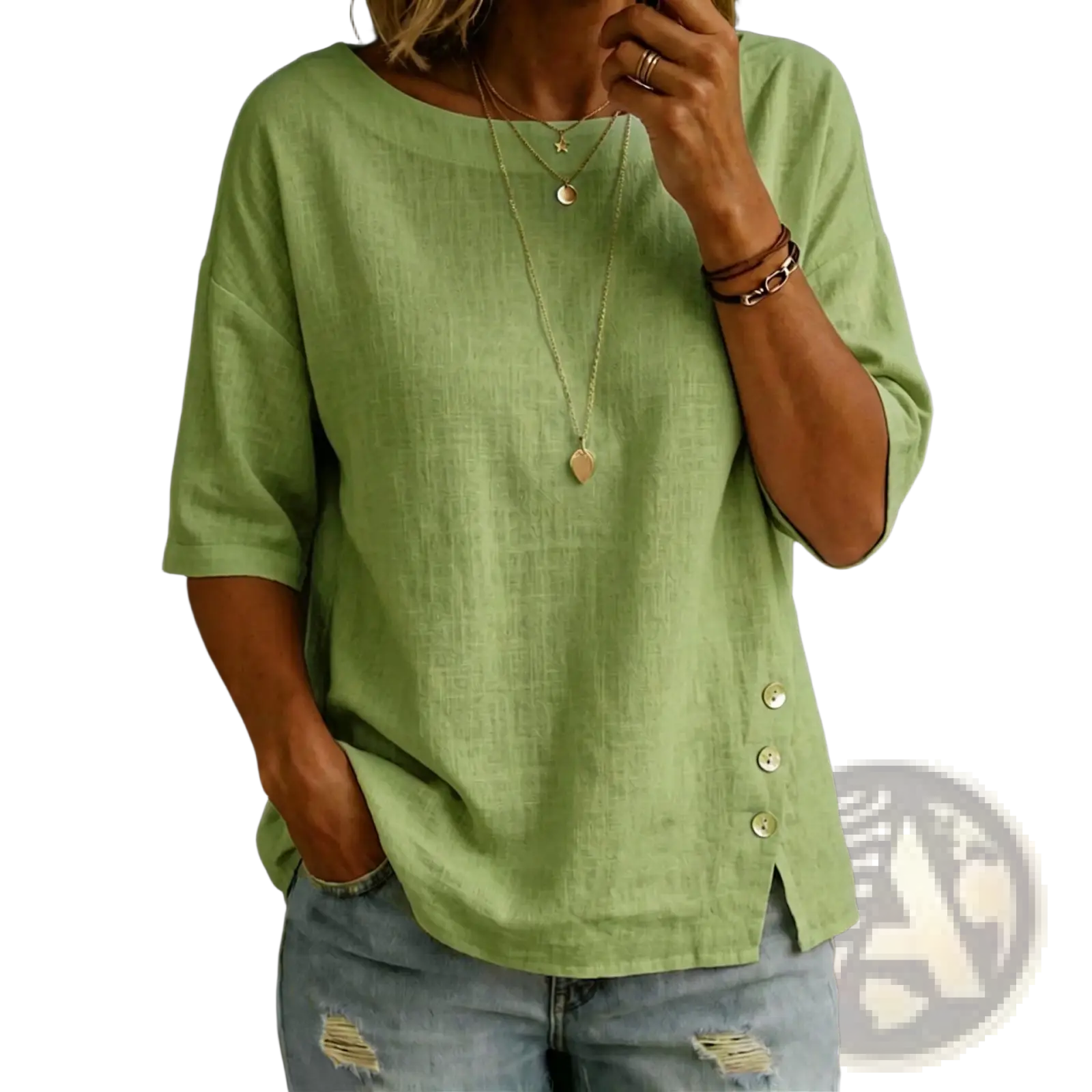 Light green linen asymmetrical button casual top with three-quarter sleeves and side button details