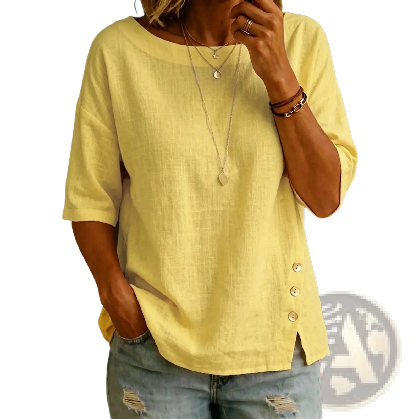 A soft yellow linen asymmetrical button casual top with three-quarter sleeves and side button detail