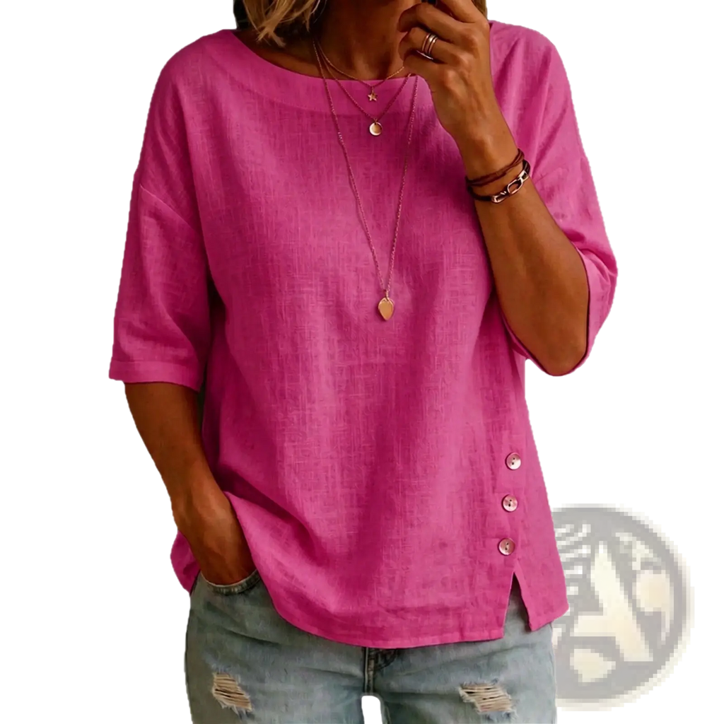 A vibrant fuchsia linen asymmetrical button casual top with three-quarter sleeves and side button detail