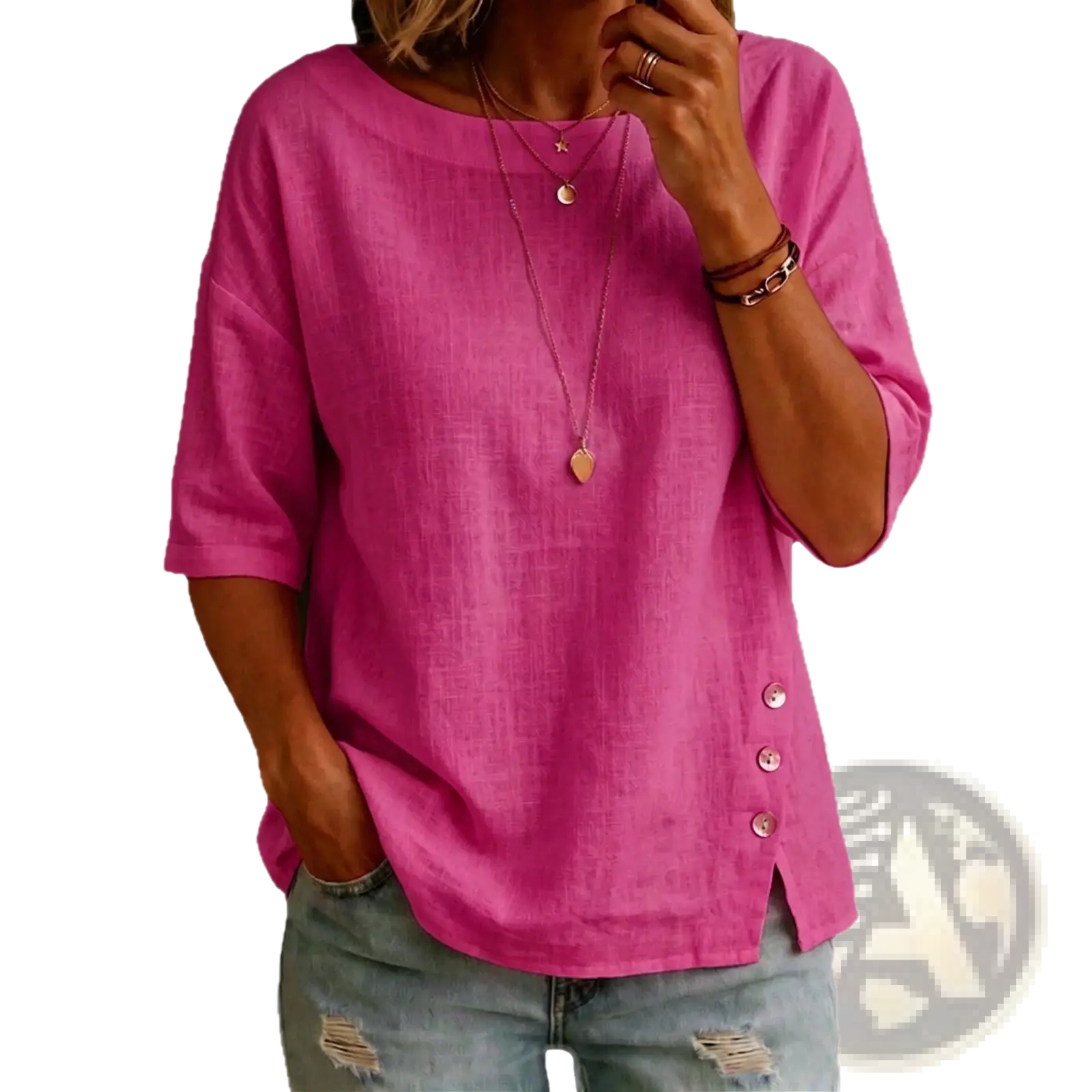 A vibrant fuchsia linen asymmetrical button casual top with three-quarter sleeves and side button detail