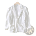 A crisp white linen blazer for men casual retro suit jacket with relaxed fit rolled cuffs and subtle texture