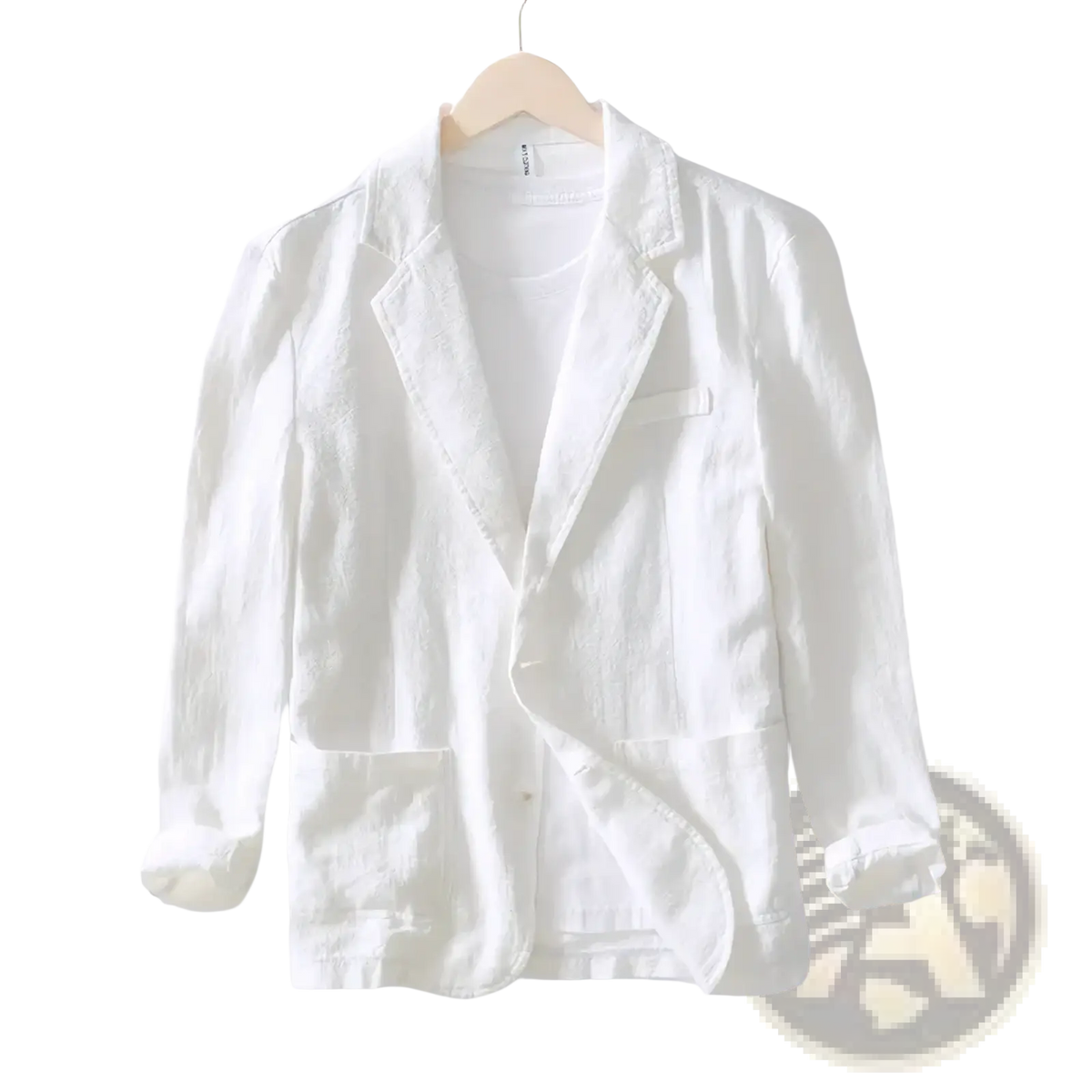 A crisp white linen blazer for men casual retro suit jacket with relaxed fit rolled cuffs and subtle texture