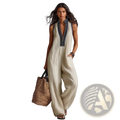 Cream-colored linen blend sleeveless jumpsuit with deep v-neckline and black embroidered collar detailing