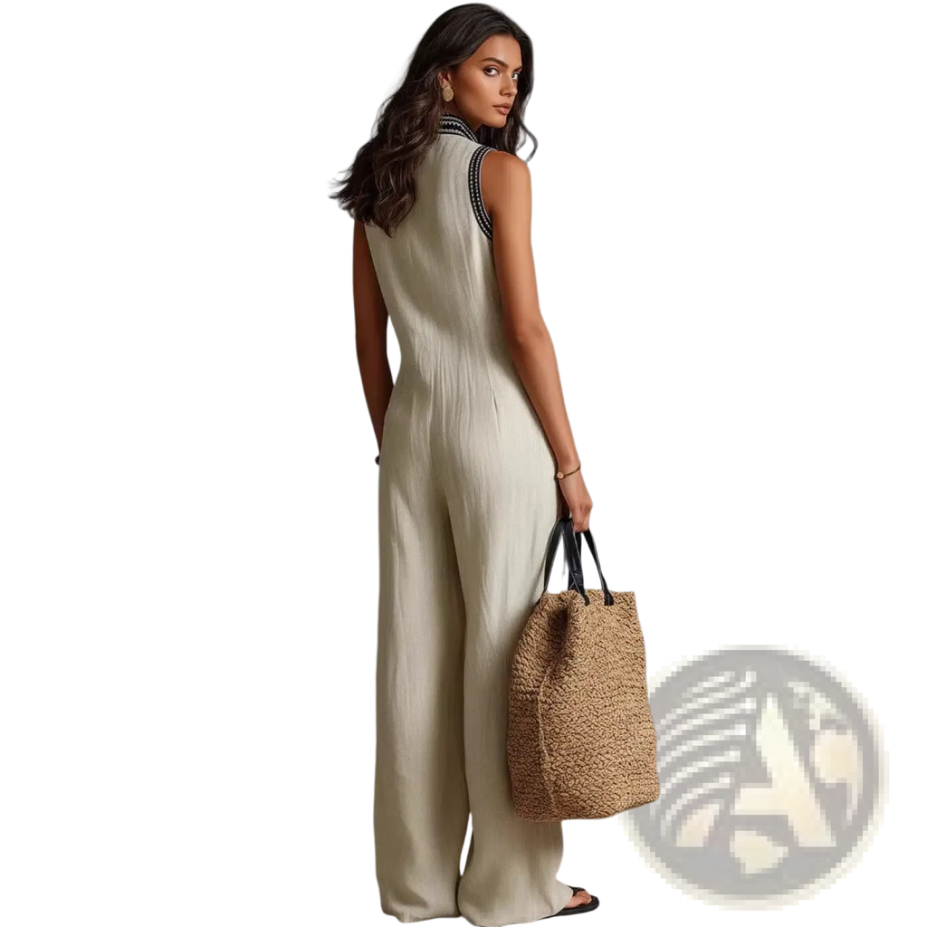 Beige linen blend sleeveless jumpsuit with black beaded trim along neckline and wide-leg design