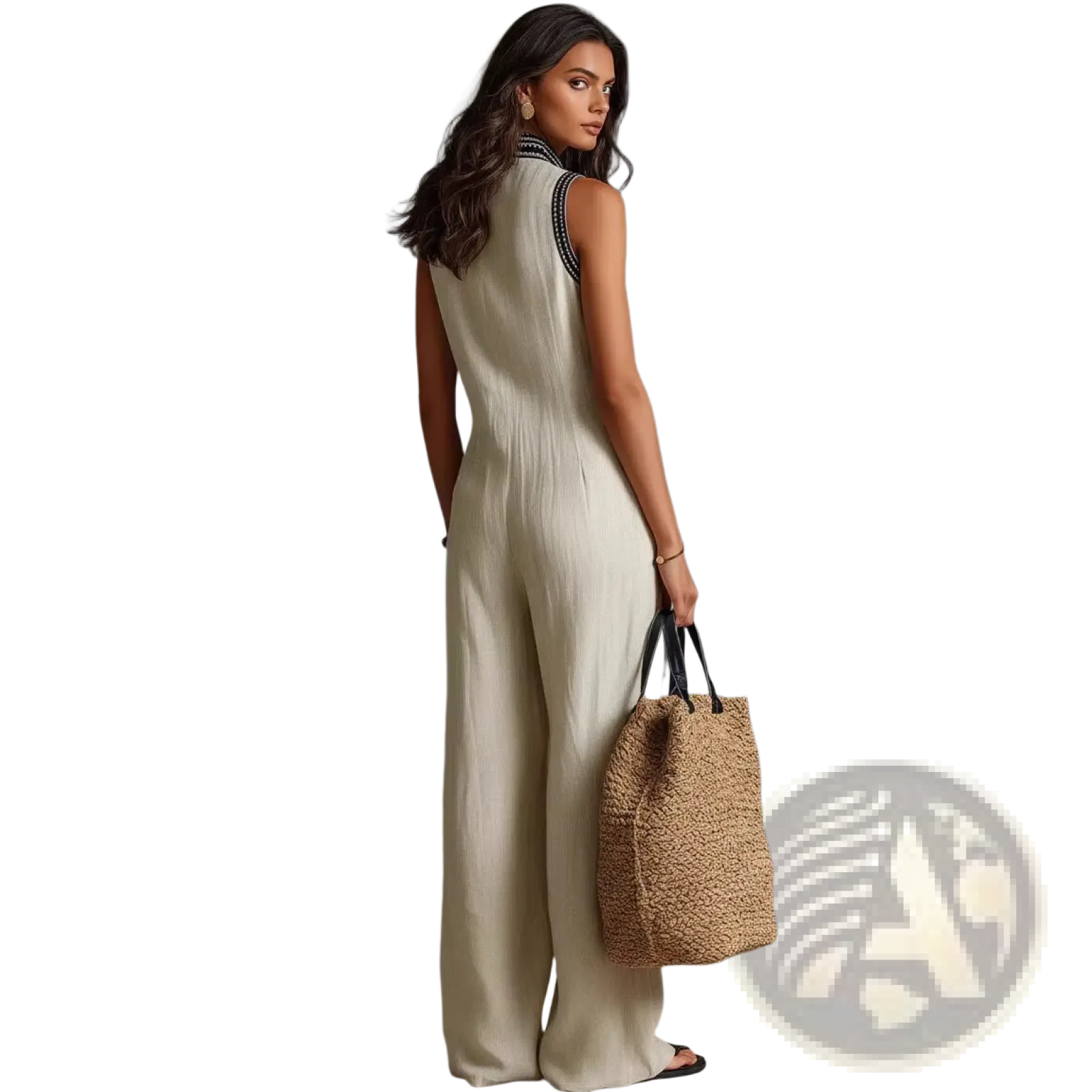 Beige linen blend sleeveless jumpsuit with black beaded trim along neckline and wide-leg design