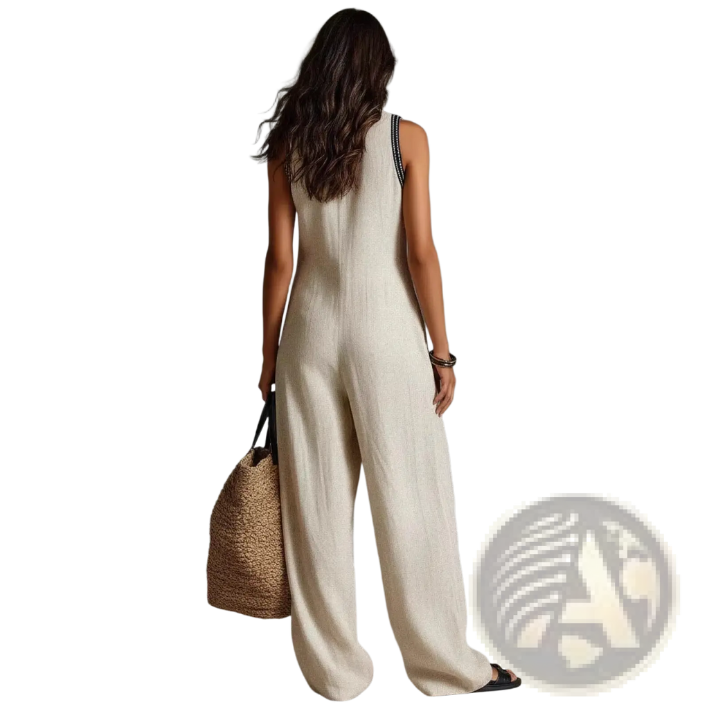 Beige linen blend embroidered sleeveless jumpsuit with black trim along shoulder straps for elegant wear