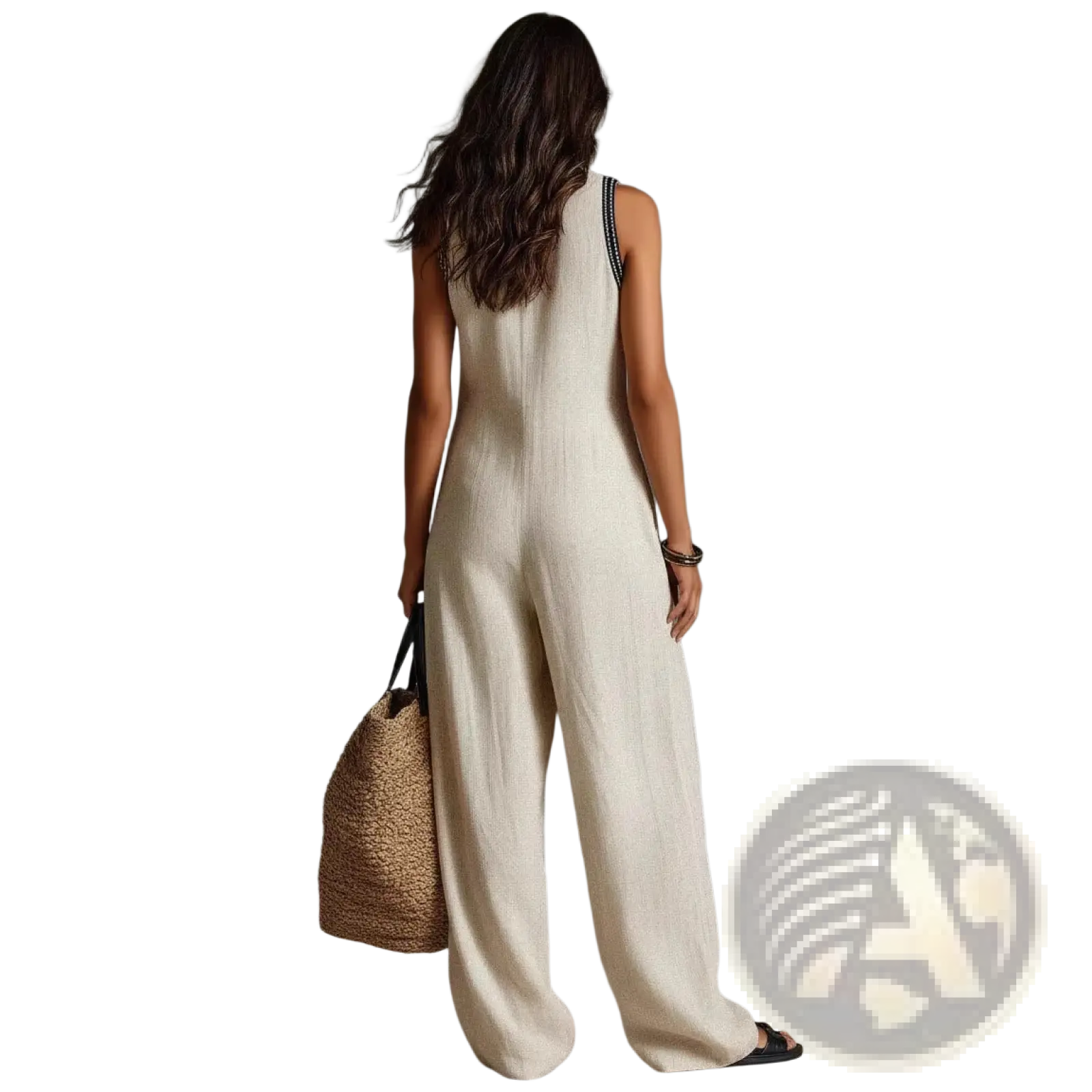 Beige linen blend embroidered sleeveless jumpsuit with black trim along shoulder straps for elegant wear