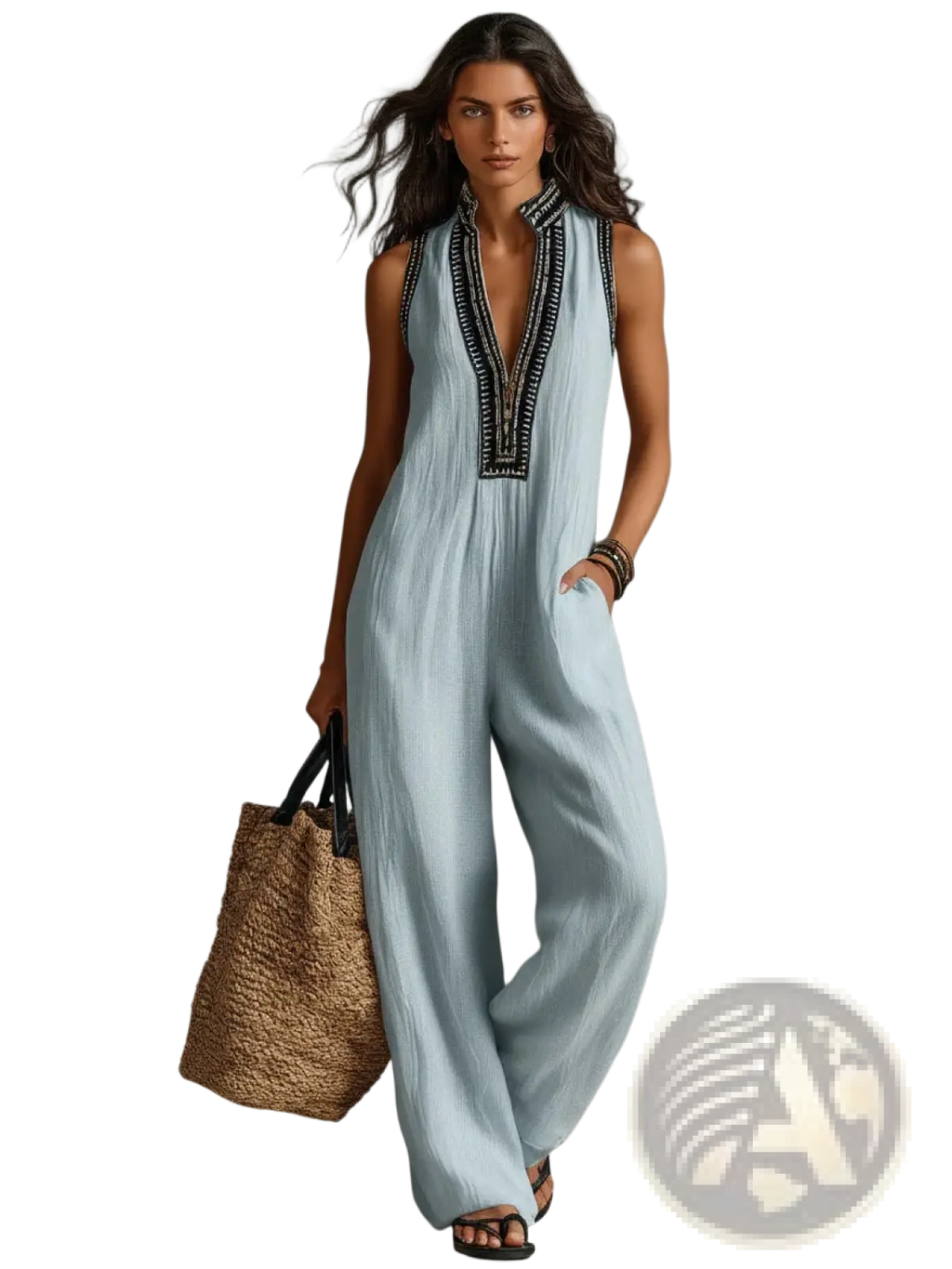 Light blue linen blend sleeveless jumpsuit with black embroidered detailing along neckline and front placket