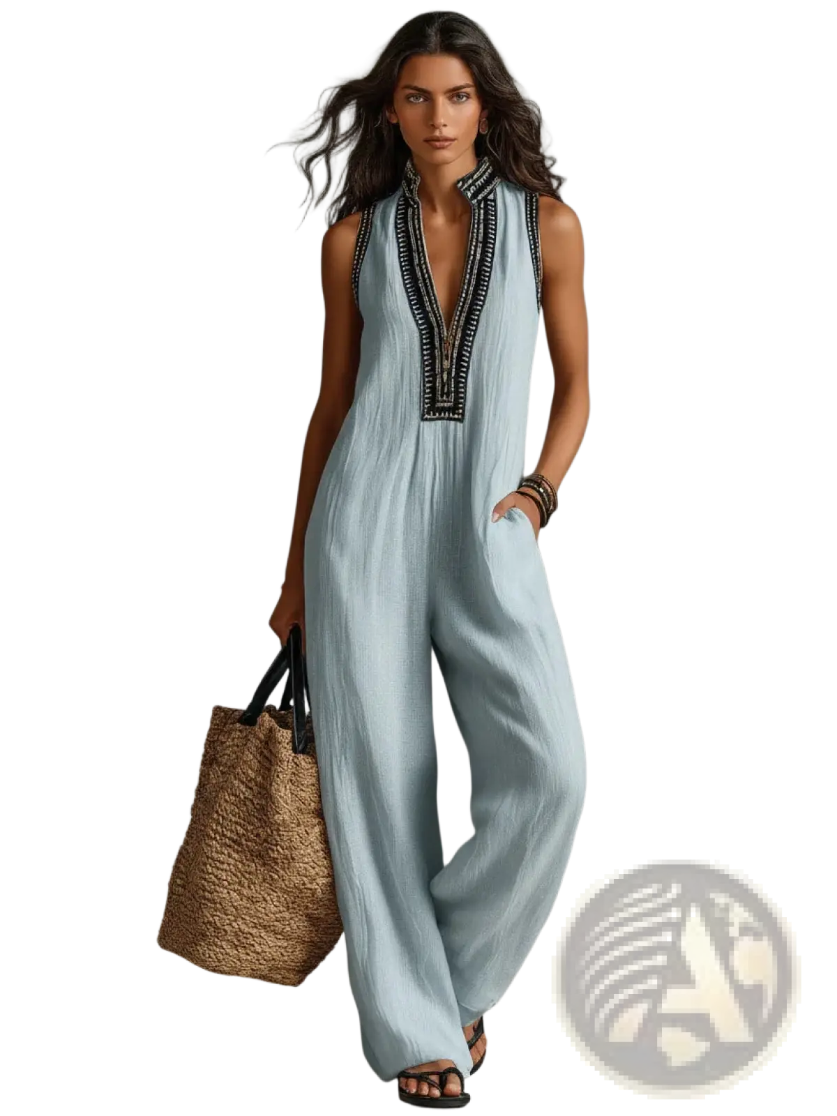 Light blue linen blend sleeveless jumpsuit with black embroidered detailing along neckline and front placket