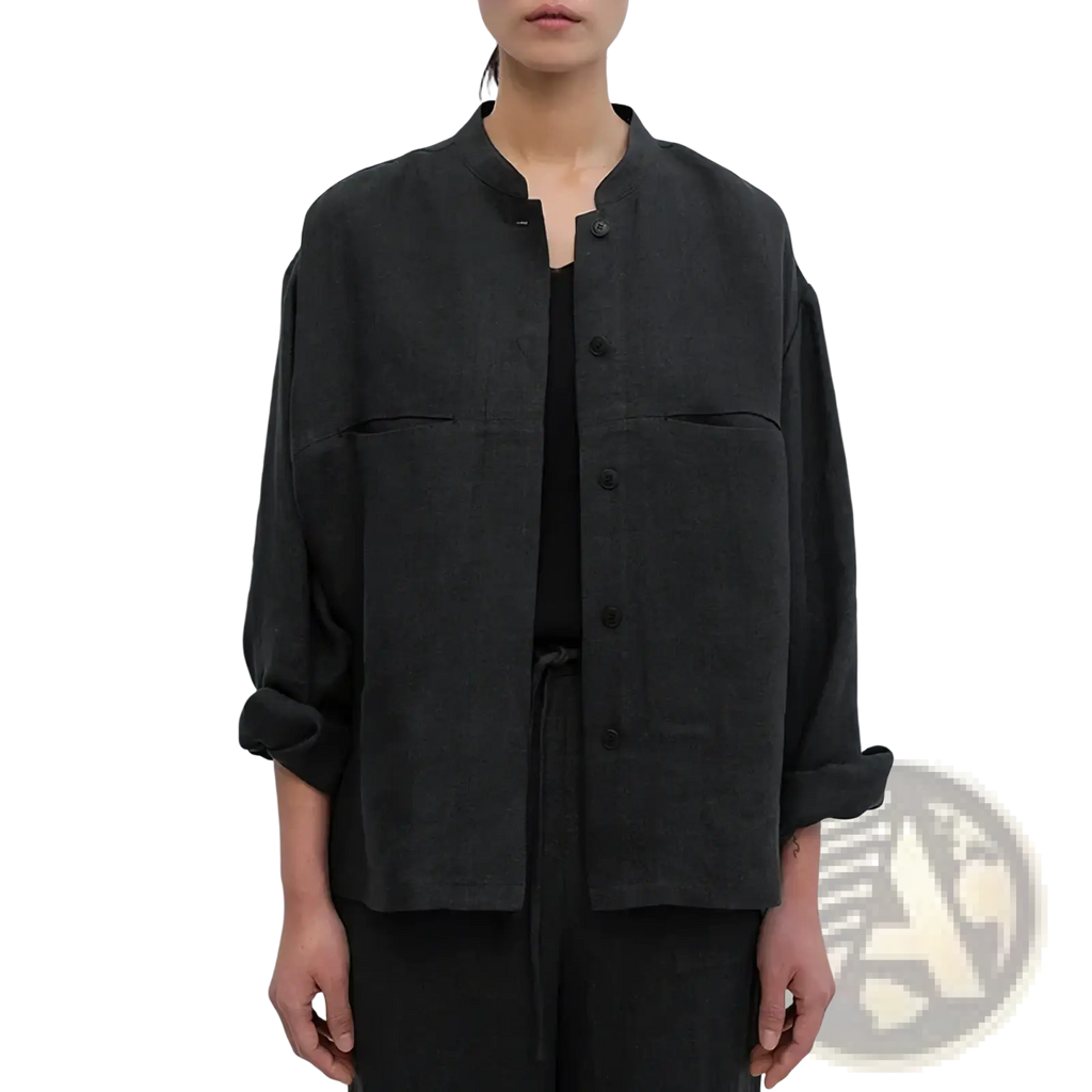Black linen button up oversized shirt for women with rolled sleeves and front pockets for casual wear