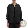 Black linen button up oversized shirt for women with rolled sleeves and front pockets for casual wear